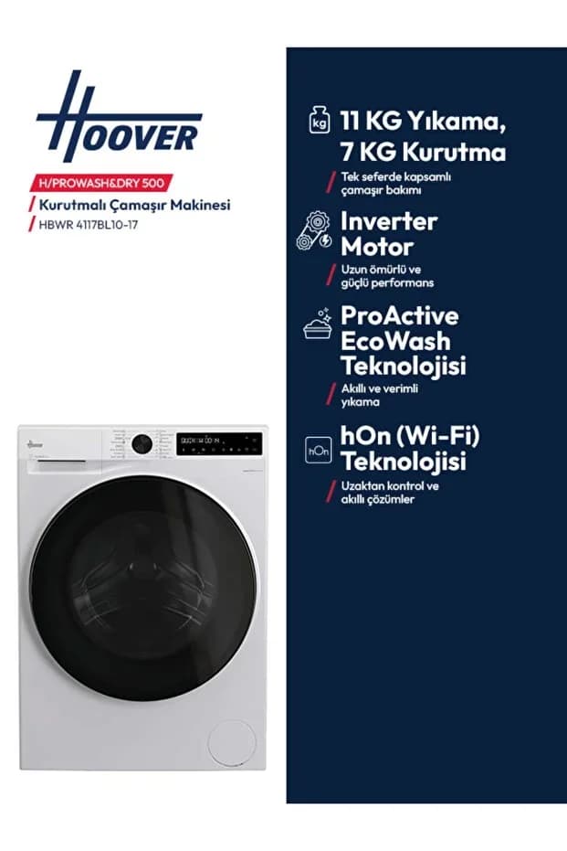 Hoover HBWR 4117BL10-17 A-40% Enerji Verimlilik Sınıfı, 11 kg Yıkama Kapasitesi, 7 kg Kurutma Kapasitesi, Inverter Motor, Hon (Wi-fi) Teknolojisi, Proactive ürün görseli 2