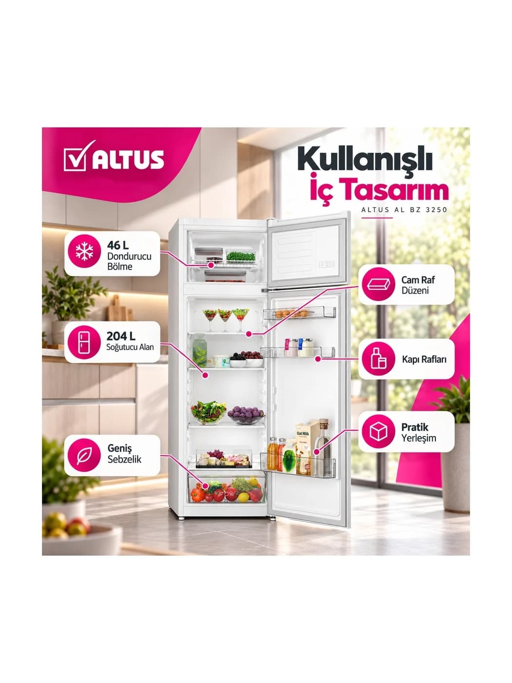Altus AL BZ 3250 Çift Kapılı Buzdolabı (250 L KH. Statik, Yxgxd (Cm): 160.6X54X57) ürün görseli 2