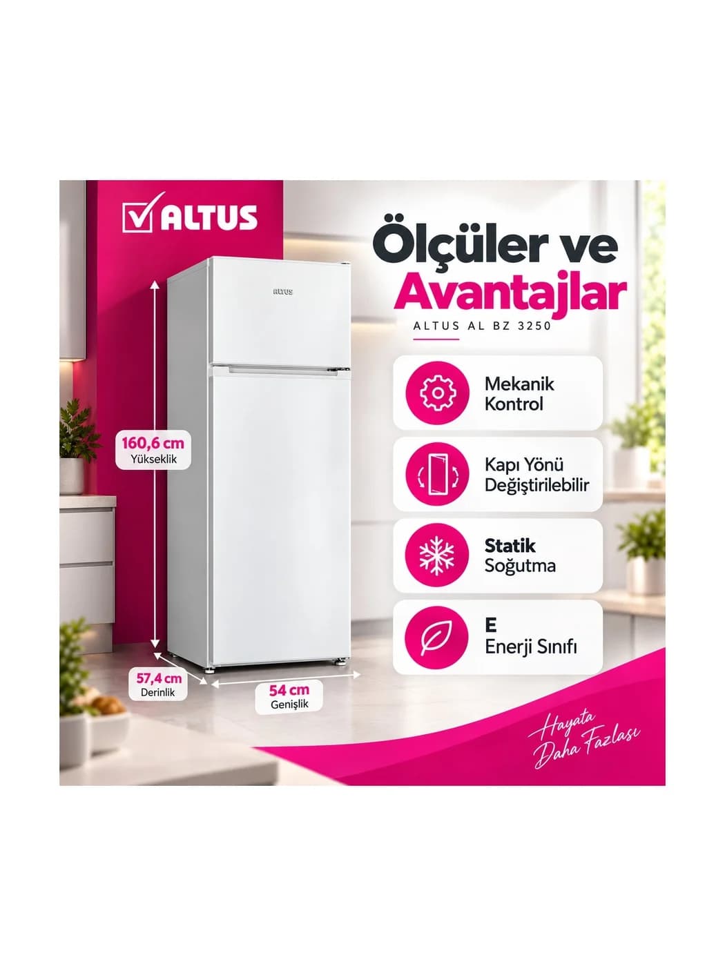 Altus AL BZ 3250 Çift Kapılı Buzdolabı (250 L KH. Statik, Yxgxd (Cm): 160.6X54X57) ürün görseli 5
