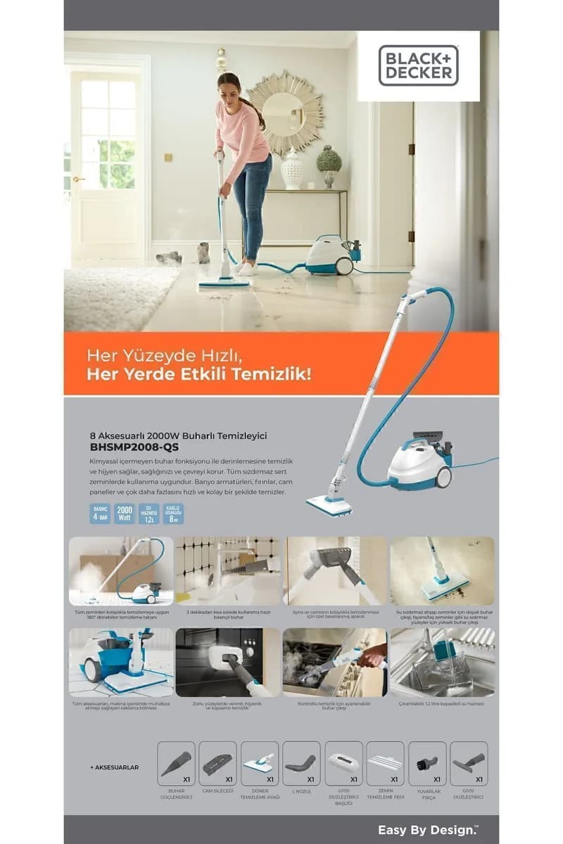 Black & Decker BHSMP2008-QS 2000 W Basınçlı Buharlı Temizleyici (8 Aksesuar) ürün görseli 3